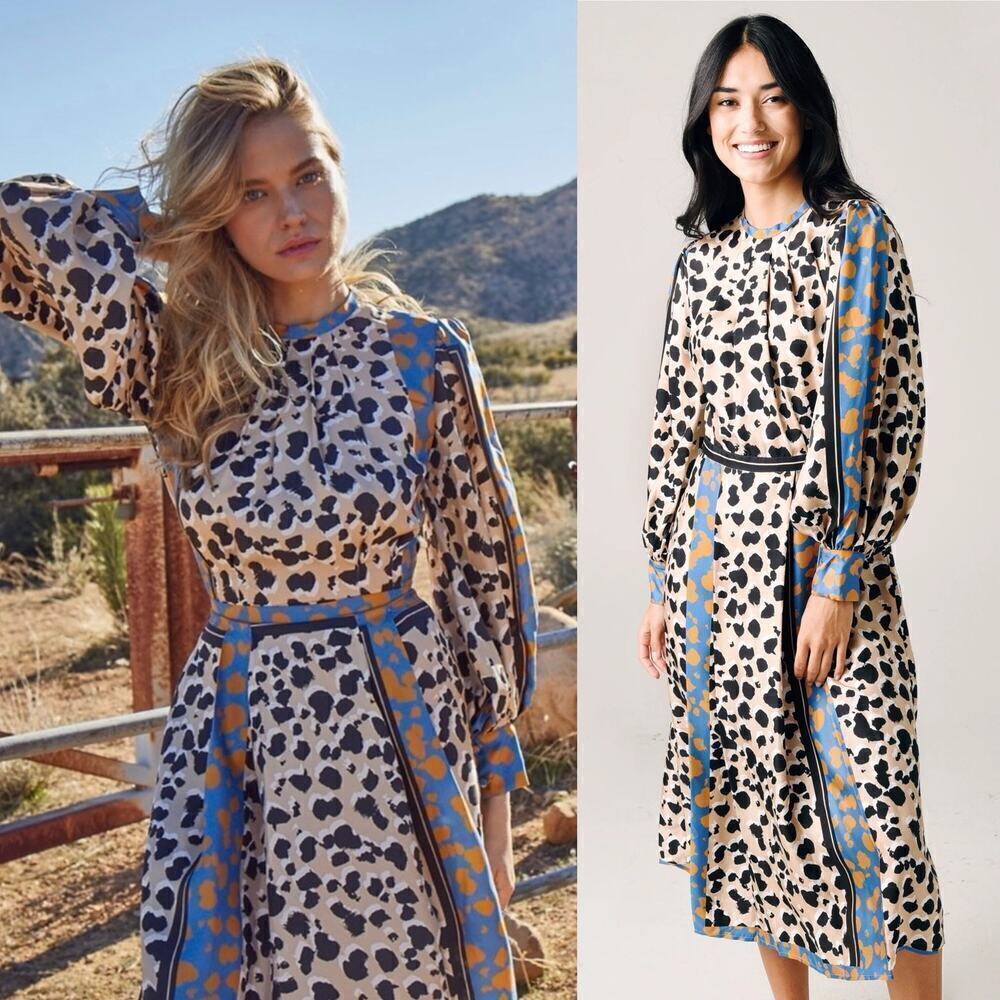 Hunter Bell Casper Midi Dress Silk Leopard Print Brown/Black Blue/Orange Size 2